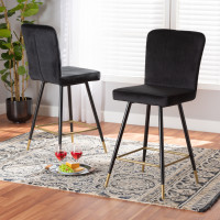 Baxton Studio DC179-Black Velvet/Gold-BS Preston Modern Luxe and Glam Black Velvet Fabric Upholstered and Two-Tone Black and Gold Finished Metal 2-Piece Bar Stool Sett